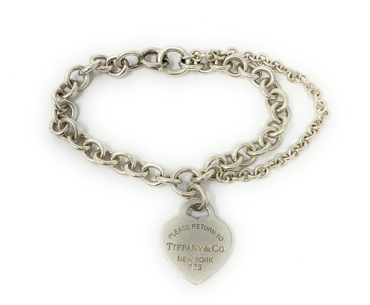 Tiffany Co Silver Heart Tag Charm Double Chain Bracelet Wrist Size 6/4in