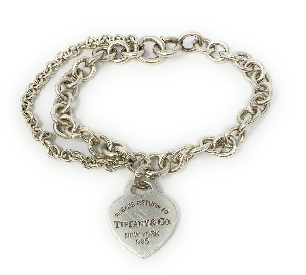 Tiffany Co Silver Heart Tag Charm Double Chain Bracelet Wrist Size 6/4in