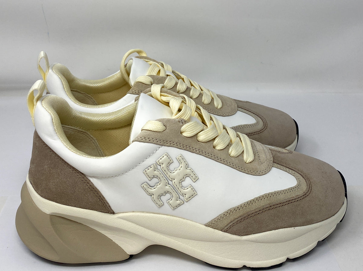 Tory Burch T Monogram Good Luck Trainer Sneaker Ivory Suede & White Size 8.5