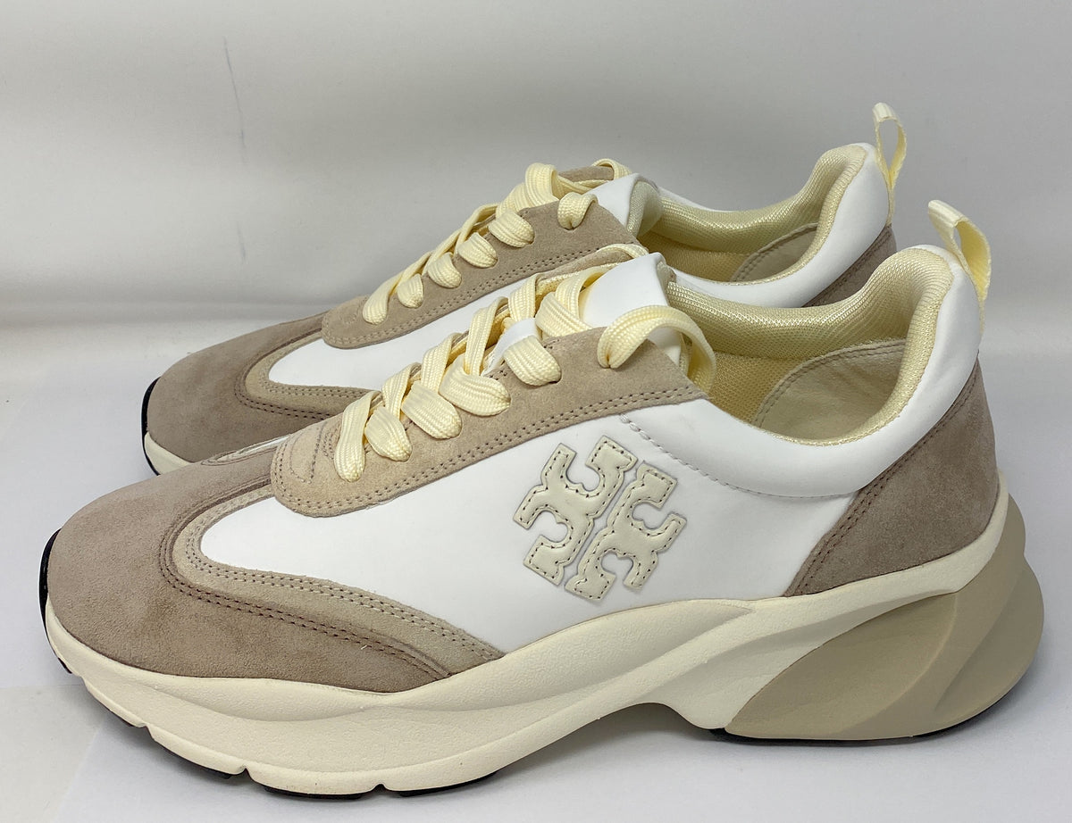 Tory Burch T Monogram Good Luck Trainer Sneaker Ivory Suede & White Size 8.5
