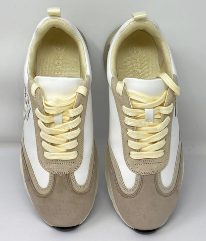 Tory Burch T Monogram Good Luck Trainer Sneaker Ivory Suede & White Size 8.5