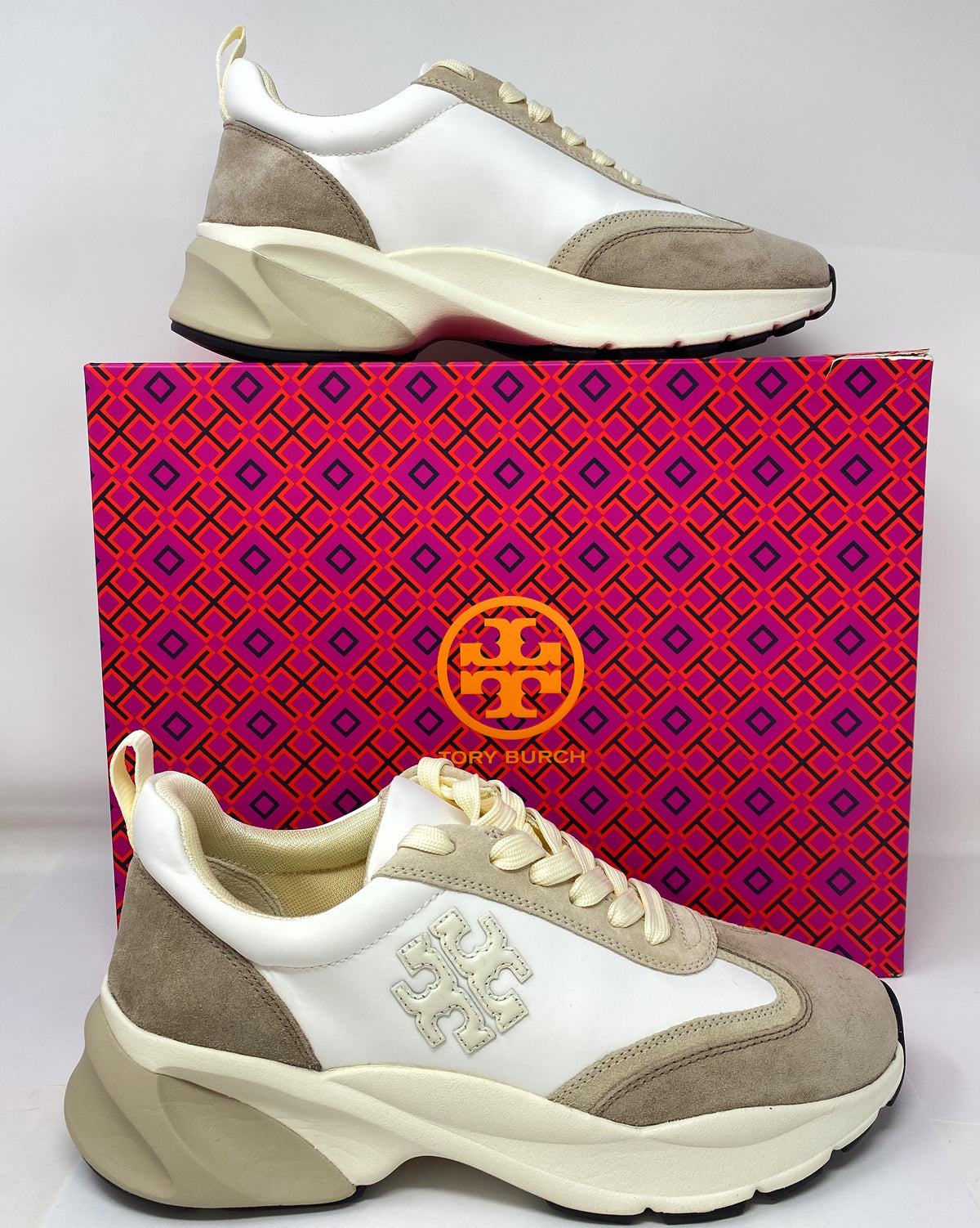 Tory Burch T Monogram Good Luck Trainer Sneaker Ivory Suede & White Size 8.5