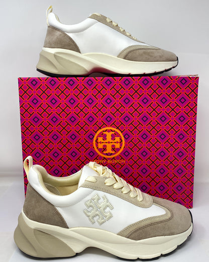 Tory Burch T Monogram Good Luck Trainer Sneaker Ivory Suede & White Size 8.5
