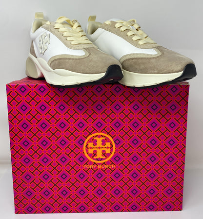 Tory Burch T Monogram Good Luck Trainer Sneaker Ivory Suede & White Size 8.5