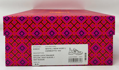 Tory Burch T Monogram Good Luck Trainer Sneaker Ivory Suede & White Size 8.5