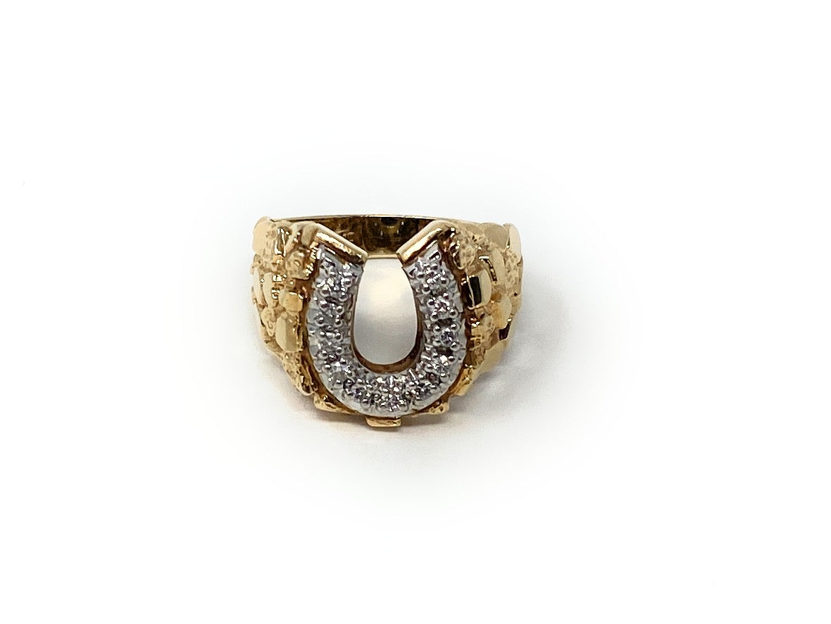 14k Men's' Horse Shoe Diamond Chips Ring 8.2g Size 10