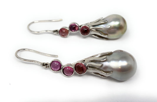 14k White Gold Pearl Drop Earrings with Purple Stones 7.5g