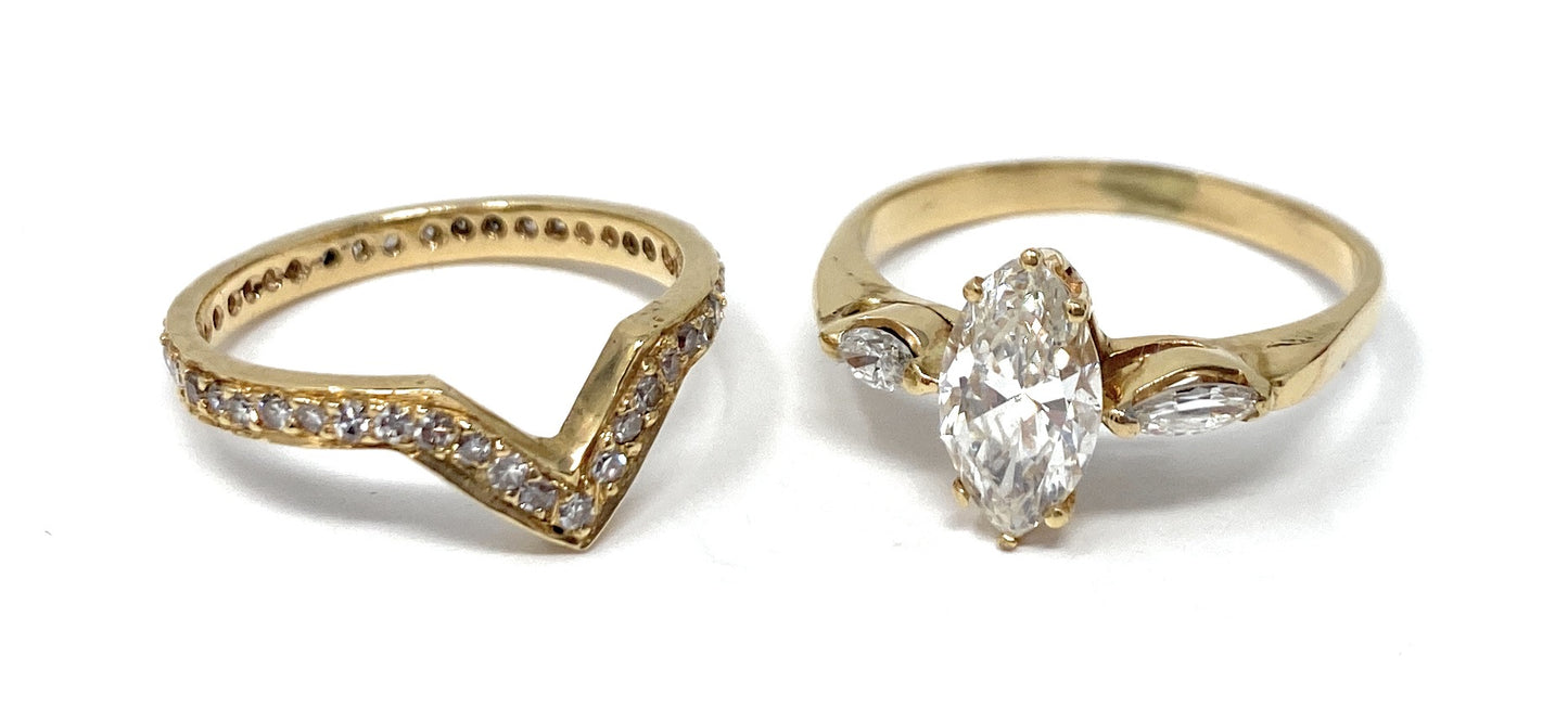14k Gold Marquee Solitaire Diamond  Ring Set