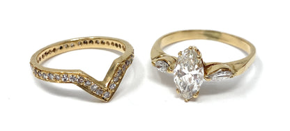14k Gold Marquee Solitaire Diamond  Ring Set