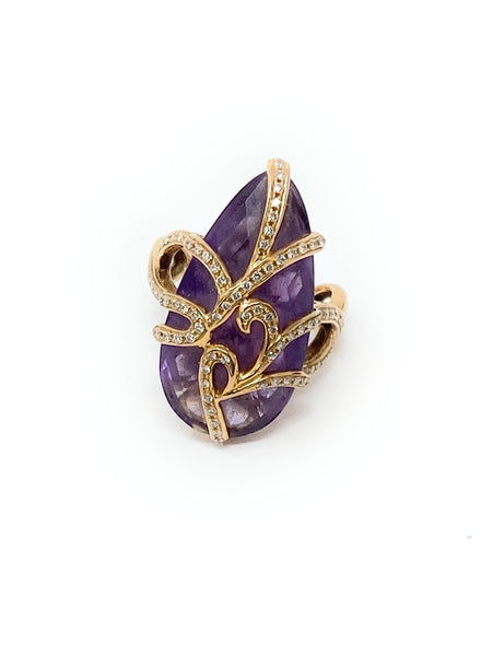 18k Gold Diamond and Purple Stone Ring 10.3g