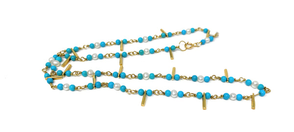 14k Turquoise & Pearl Beaded Necklace 6.6g