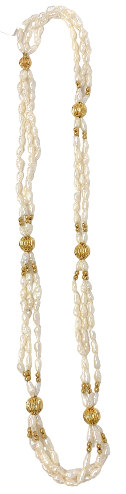 Rice Pearl Necklace with 14k Beads Multi-Strand 24"