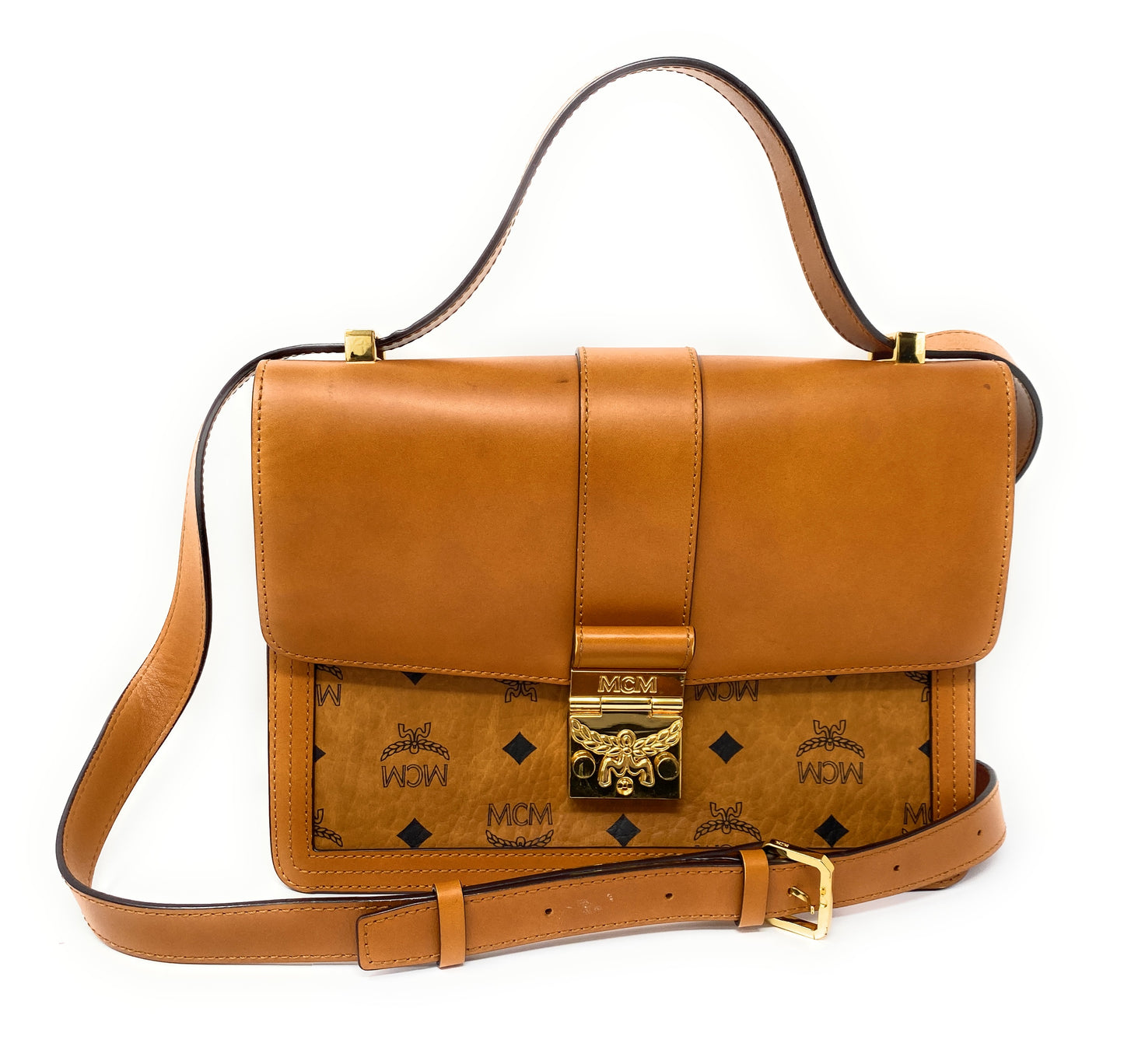 MCM Tracy Visetos Shoulder Bag in Cognac Leather