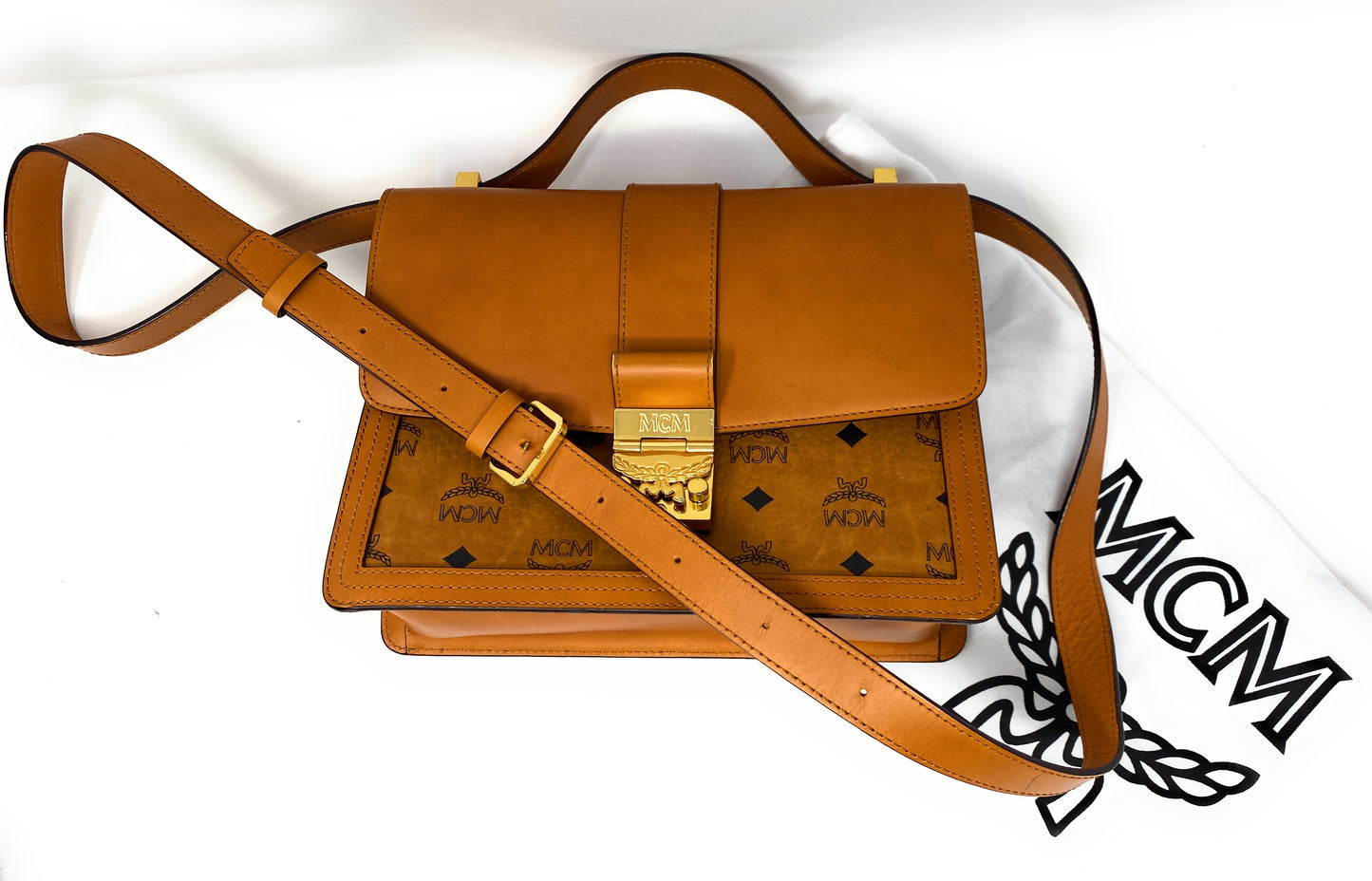 MCM Tracy Visetos Shoulder Bag in Cognac Leather