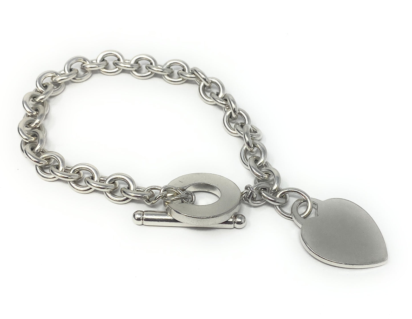 Tiffany & Co Sterling Silver Heart Charm Toggle 8mm Link 8" Bracelet
