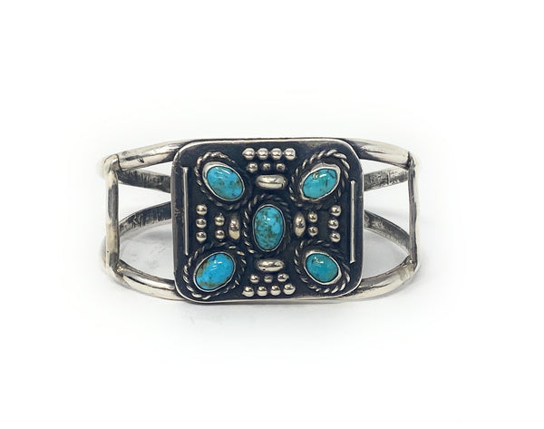 Native American Inspired  925 Turquoise Flower Cuff Bracelet 7”