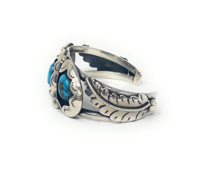 Native American Sterling Silver Three Stone Blue Turquoise Cuff Bracelet Signed