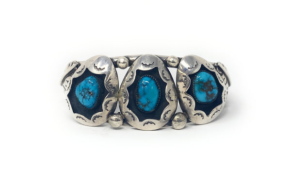 Native American Sterling Silver Three Stone Blue Turquoise Cuff Bracelet Signed