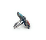 Native American Red Coral & Turquoise Ring Sz 9.5 Sterling Signed Flower Leaf