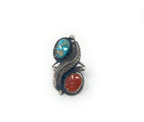 Native American Red Coral & Turquoise Ring Sz 9.5 Sterling Signed Flower Leaf