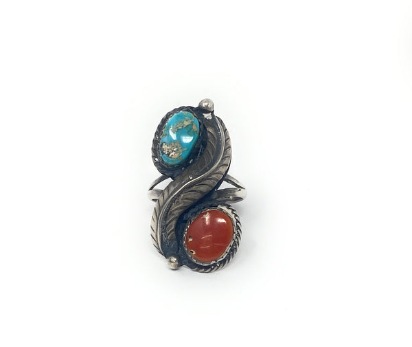 Native American Red Coral & Turquoise Ring Sz 9.5 Sterling Signed Flower Leaf