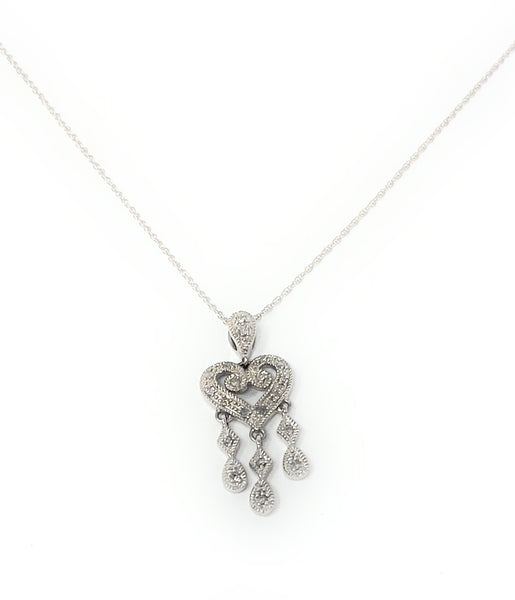 10k White Gold Paved Heart Drop Necklace 1g