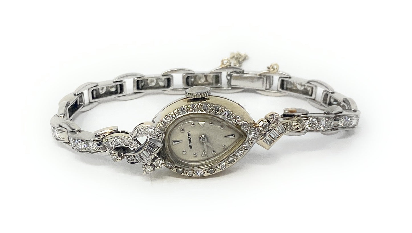 Ladies 18mm Hamilton 14k White Gold and Diamond Wrist Watch Max Size 6in Vintage