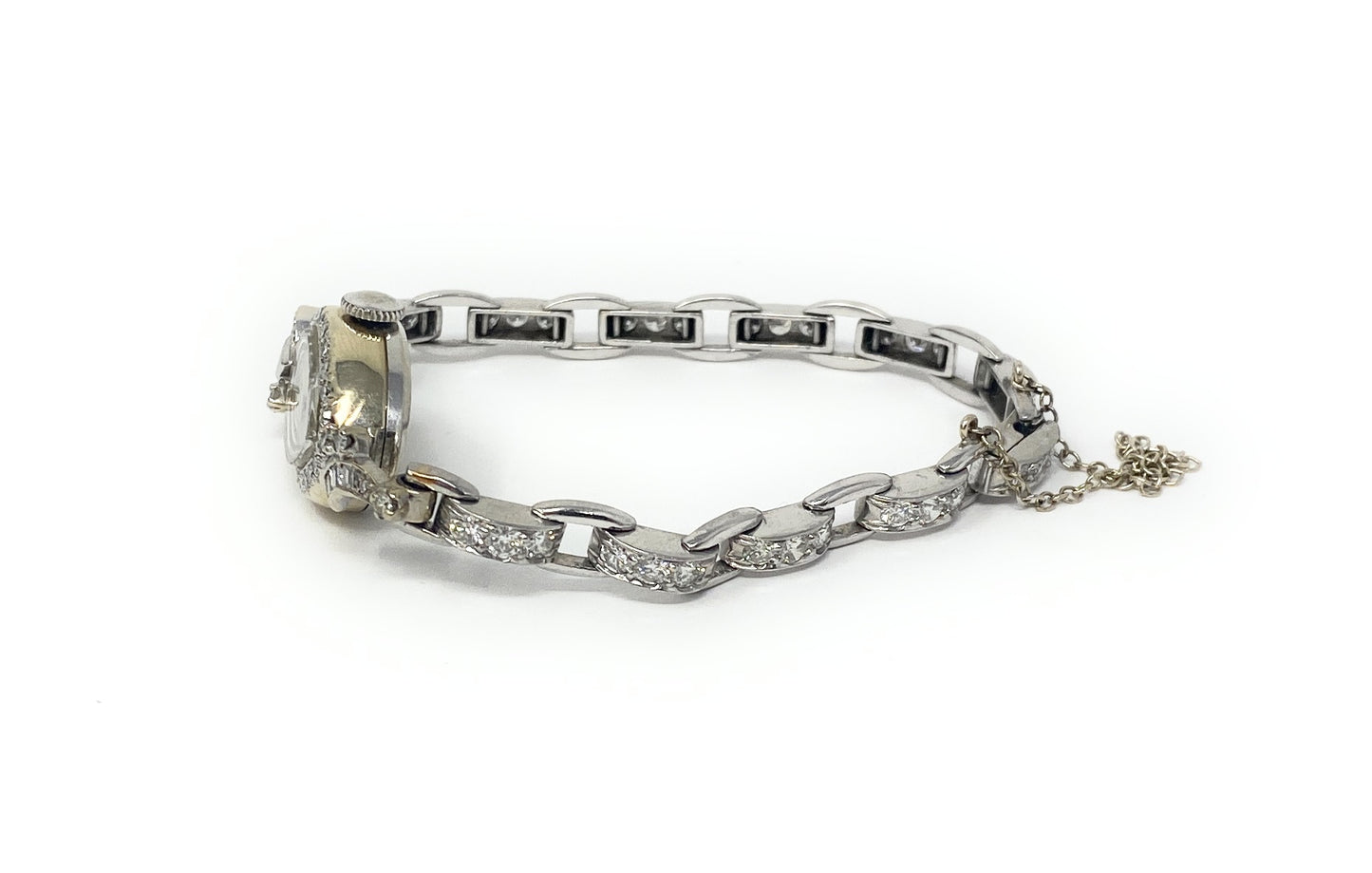 Ladies 18mm Hamilton 14k White Gold and Diamond Wrist Watch Max Size 6in Vintage